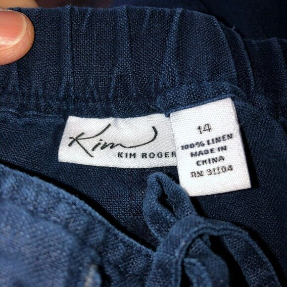 Kim Rogers Womens Size 14 Navy Linen Capri Pull On Drawstring Cropped Pants - Picture 8 of 9